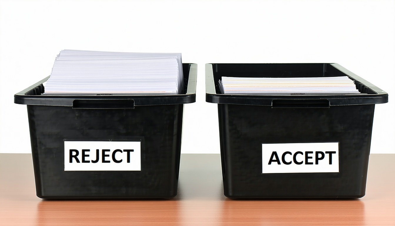 Dokumentų dėklai ant stalo Vienas iš jų pažymėtas REJECT, o kitas - ACCEPT-1.