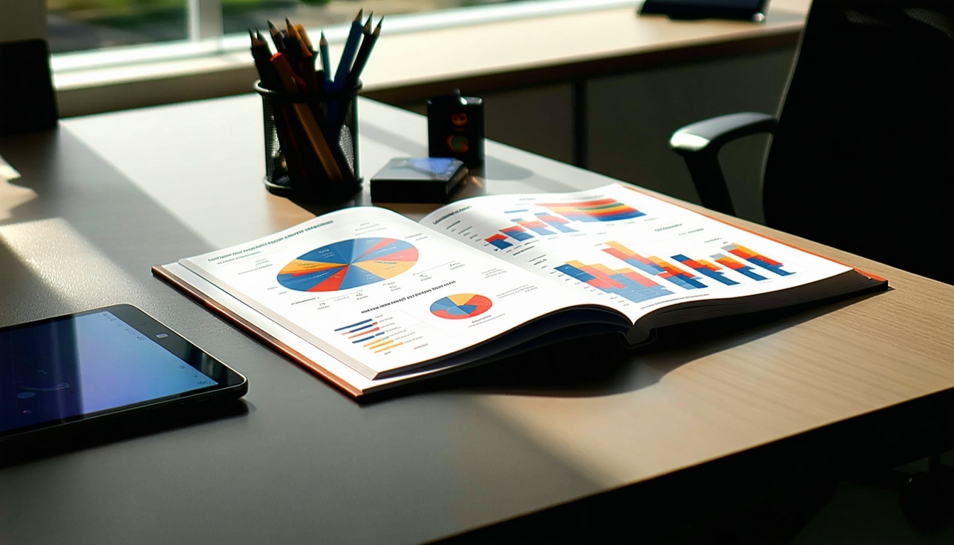 Elegantiškas šiuolaikinis biuro stalas pasižymi glotniu poliruotu paviršiumi, kurį apšviečia natūrali šviesa, sklindanti pro netoliese esantį langą Ant stalo puikuojasi įrišta rinkodaros ataskaita, kurios profesionalus viršelis pasižymi ryškiu dizainu ir drąsiu šriftu.