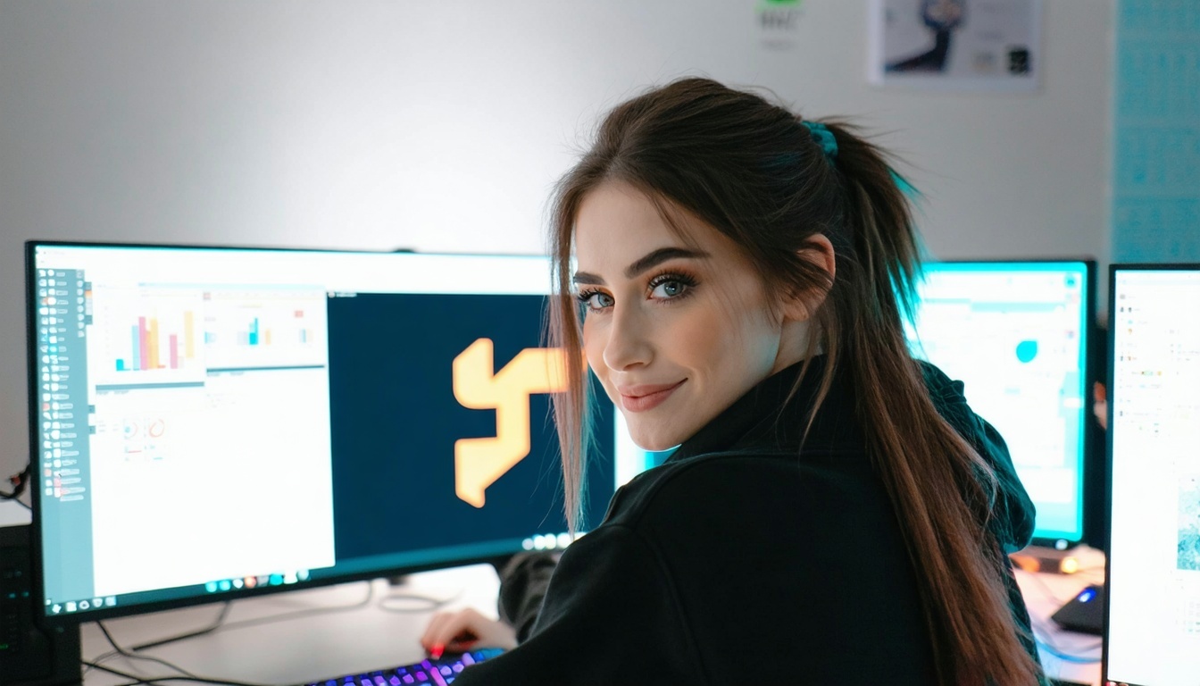 Jauna moteris prie kompiuterio, žiūrinti į baigtą BIMI atitikties logotipą-Jul-30-2025-05-57-27-4116-PM